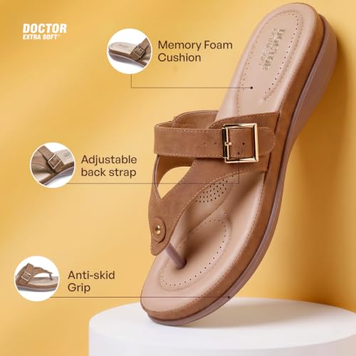 Image of DOCTOR EXTRA SOFT Women's Flat Comfortable Memory Foam Slippers /Flip-Flops Fashion Stylish Casual Diabetic Orthopedic Lightweight Synthetic Slip-on Sandals with Adjustable Strap for Girls /LadiesD-623