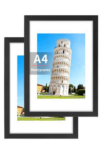 Henrycares Cornice A4 Set da 2 con Passepartout, Cornici Nere 21x29,7 cm da Parete Orizzontale/Verticale, Adatte per Foto, Diploma, Poster e Quadri, portafoto picture photo frames