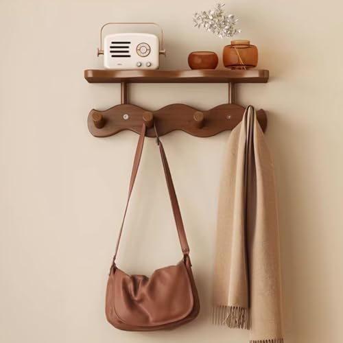 Oak Floating Shelves with Hooks, Solid Wood Wall Shelf, Coat Hooks Wall Mounted with Display Shelf for Bathroom, Bedroom, Living Room, Entryway, Office, Laundry Room Etc(Walnut,33cm 4 Hooks)