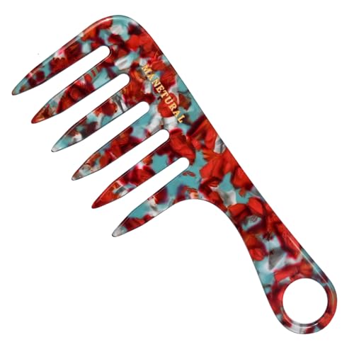 MANETURAL D1 SMALL Wide Tooth Comb and Travel Comb 6.2" for Easy Portability. Suitable for Women's/ Girls' Curly and Tight Hair. Short Handle Design. Acetate (RED)