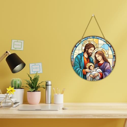 Image of Printality Stained Glass Style Christian Wall Hanging | Round MDF Plaque with Glossy Finish & Golden Zardosi String | Religious Wall Art | Jesus, Mary & Angels Design | Faith Home Decor (Design 6)