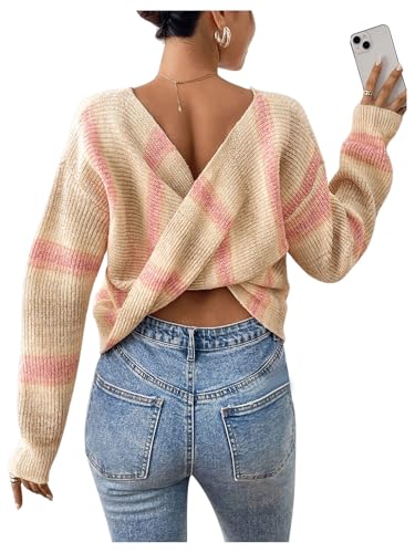 MakeMeChic Women's Striped Print Long Sleeve Sweaters Backless Twist Pullover Tops