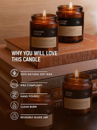 Image of EM5 Gourmand Scented Candles Set of 4 | Aromatherapy Candles for Home Fragrance | Vanilla Latte, Coffee Cacao, Hazelnut Caramel & Cinnamon Vanilla | Natural Wax | Smokeless Clean Burn | 40 Hrs Each