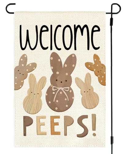 RABUSOFA Easter Garden Flag 12x18 Inch Double Sided for Outside Small Welcome Peeps Burlap Polk Dot Holiday Bunny Yard Flag Outdoor Decorations Brown