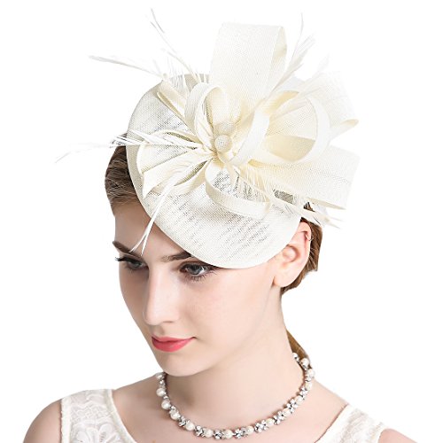 Sinamay Feather Fascinators Womens Pillbox Flower Derby Hat for Cocktail Ball Wedding Church Tea Party, Ivory, Free Size