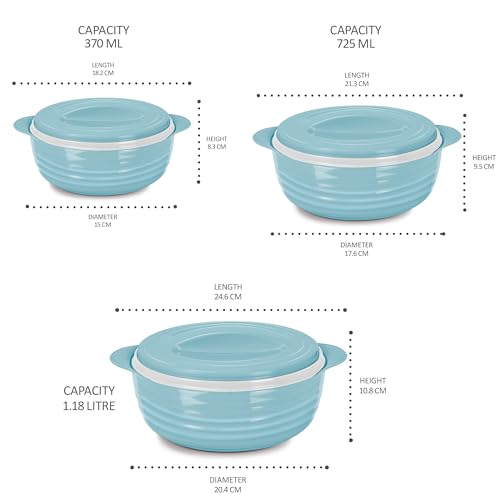 Image of MILTON Aspire Jr. Set of 3 Serving Casserole Double Walled Inner Stainless Steel, (350ml, 720ml,1050ml), PU Insulated Kitchen Hot Pot, Keeps Food hot & Fresh for Roti, Biryani, Blue