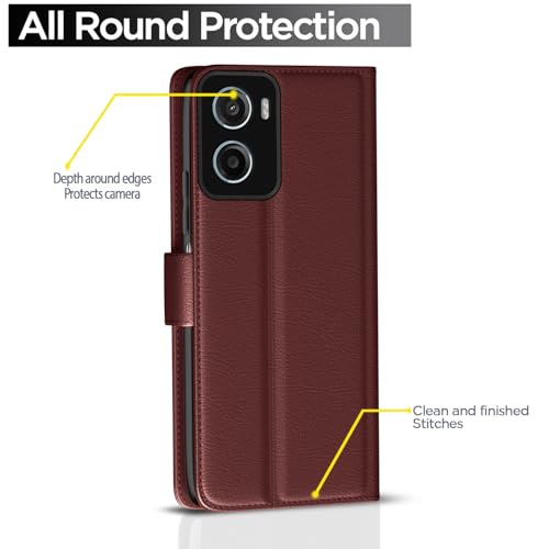 Image of Pikkme Flip Cover Leather Finish | Inside TPU with Card Pockets | Wallet Stand and Shock Proof | Complete Protection Button Flip Case for Moto G05(Brown)