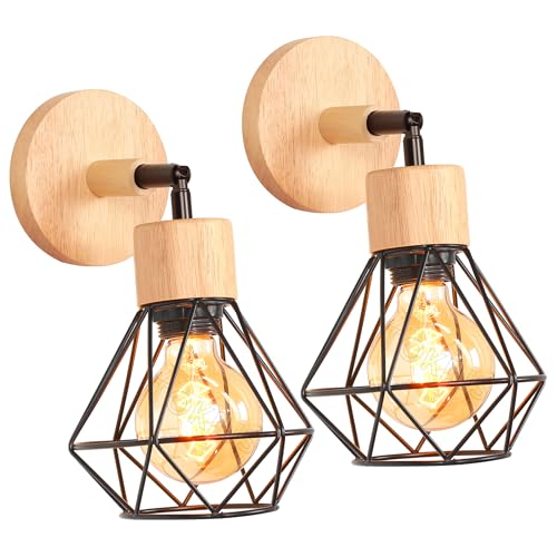 TOKIUS Apliques de Pared Vintage Diseño de Jaula de Hierro Ø 16cm Negro Industrial Lámpara Pared Interior Lámpara de Techo Ajustable para Pasillo Escalera Dormitorio (Madera, Negro, 2 Piezas)