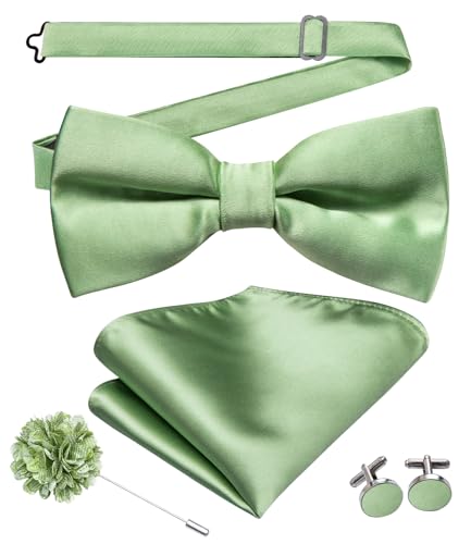 Image of Hi-Tie Pretied Bow Ties for Men Wedding Formal Bow Tie Handkerchief Cufflinks Lapel Pin Set Party Formal Mens Bowtie Set, Light Green Solid, Medium