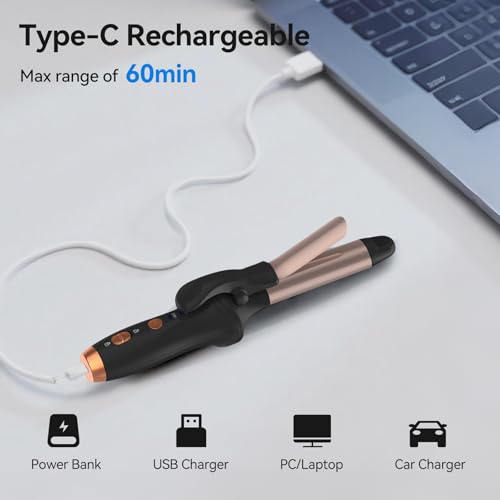 Image of Cordless Curling Iron Hair Curler: Mini USB Rechargeable 4000 mAh 3 Temp Setting Travel Portable 200 Million Negative Ion for Long Short Hair
