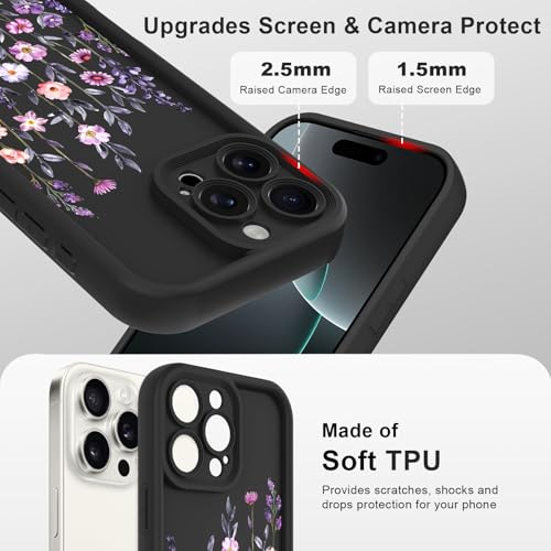 Image of Designed for iPhone 16 Pro Case, Cute Flower Floral Pattern Design, Thickened Soft TPU Liquid Silicone Protective Cover for Women Girls - Black