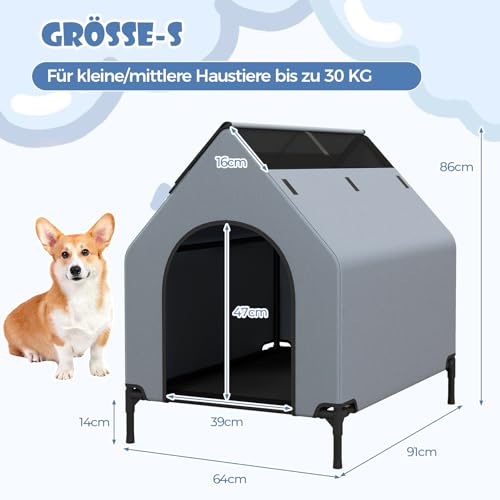 COSTWAY 2 in 1 Hundehütte & erhöhtes Hundebett, Hundeliege Outdoor, Haustierhaus mit atmungsaktivem Netzgewebe & Abnehmbarer Abdeckung, Hundehaus für kleine Hunde, Oxford, Grau (64 x 91 x 86 cm)