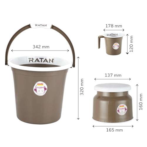 Image of RATAN PLASTICWARE Plastic Bathroom Set of 3 Pieces Combo Pack Gloria Plain 18 Liters Bucket + Nova Stool Patla 107 + Gloria Plain Bath Mug 1 Liter Color Light Brown