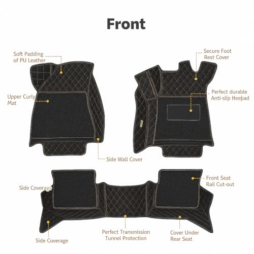 Image of NCEHEAL Premium 7D Car Floor Mat for XUV 7XO Custom Fitted, Luxury Car Foot Mats Compatible with Mahindra XUV 7XO, Set of 3 Pcs, 100% Waterproof and Washable, Classic Black with Beige Thread