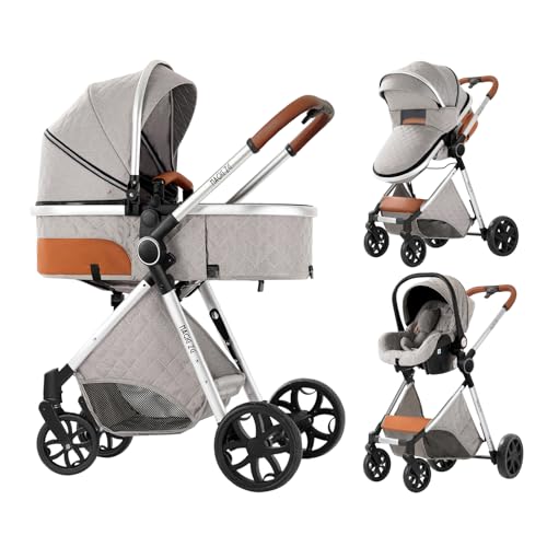 Cochecito de bebé 3 en 1 para recién nacidos y bebés, con capazo, toldo ajustable de 0 a 36 meses (gris claro)