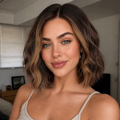 Image of Eawwii Wigs for Women Brown Caramel Highlight,Wavy Synthetic Lace Wig | Glueless 4x1 Lace Hairline,Heat-Resistant Fiber,Short Bob Wave Style,Natural Appearance for Everyday Cosplay 12Inch