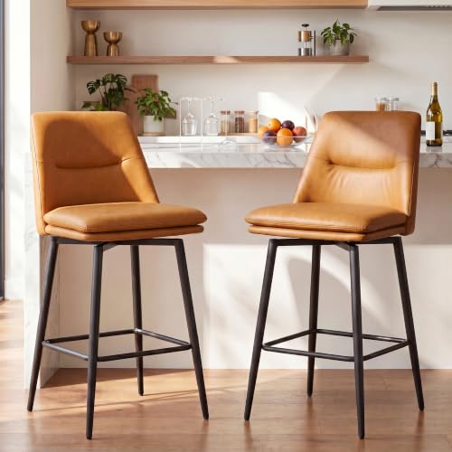 Butacos de barra GrandNoor marrones, altura de asiento 27 pulgadas, con respaldo y patas metálicas, giratorios 360°, tapizados en cuero sintético, juego de 2