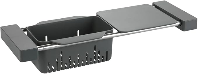 WENKO Spülen-Caddy Mod. Cami, ausziehbarer Spülbecken-Organizer, viel Stauraum für Spülutensilien, auch als Sieb und Schneidbrett nutzbar, mit 43,5-77,5 x 8 x 14 cm aus rostfreiem Edelstahl/PP