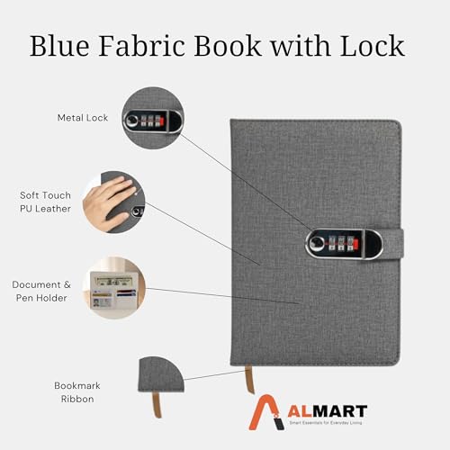 Image of Diary with Lock, A5 Personal Notebook with 3-Digit Combination Lock, PU Leather Journal for Women & Men | Secret Writing Notebook for Girls, Boys, Office & School and Gifts (22 x15 CM) (Fabric Gray)