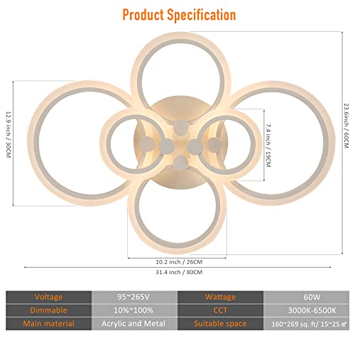 Sjv Modern Ceiling Lights- Dimmable Led Ceiling Lamps 31.4" Flush Mount Led Chandelier Lighting Fixture White 6 Rings Light For Living Kitchen Dining Room, Bedroom 3000/4000/6500K With Remote #TOP5