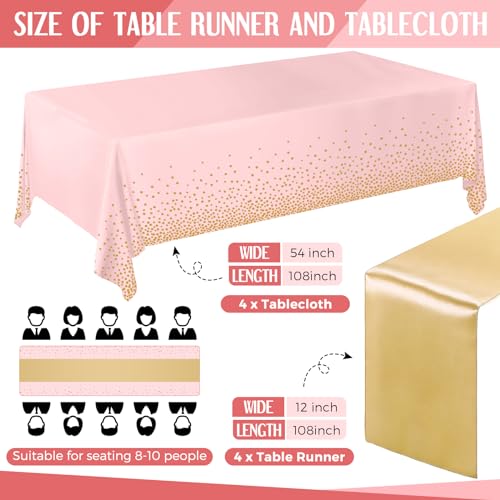 Image of Breling 8 Pack Pink and Gold Disposable Plastic Tablecloths and Satin Table Runner Set, 54 x 108 Inch Tablecloth, 12 x 108 Inch Table Runners for Wedding Graduation Birthday Baby Shower