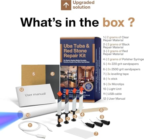 UBA Tuba & Black Stone Repair DIY Kit (Red, Black & Clear Color) - Ideal as Granite Repair Kit I Works Great as Quartz Countertop Repair Kit I Also for Ceramic, Tile and Porcelain Repair Kit