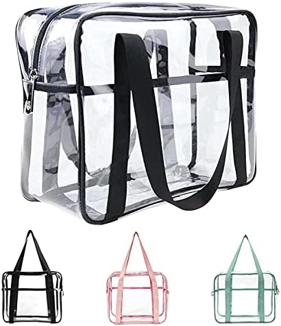 SxoSyo Clear Makeup Bags Large Travel Toiletry Bag for Women Transparent Bag Clear Cosmetic Bags with Handle Bathroom Organizer Bag PVC Tote Zipper Handbag Beach Bag (black)
