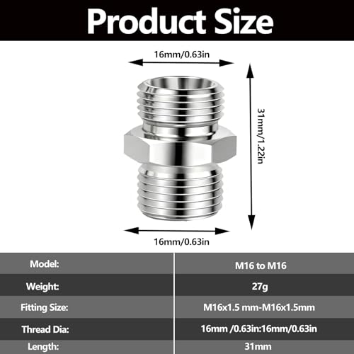 Image of 2 Pcs M16 to M16 stainless steel adapter fittings, suitable for small excavators, for connector conversion, diameter reduction or expansion, and full-bore straight pipe connector connections.