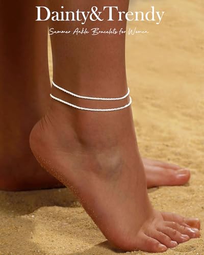 Image of FUNEIA Gold Silver Ankle Bracelets for Women Waterproof 14K Gold Plated Anklets for Women Non Tarnish Dainty Layered Beaded Heart Anklet Set Summer Beach Foot Chain Jewelry Gifts Trendy Stuff