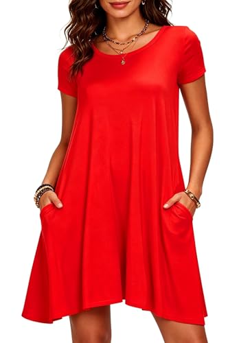 Image of Afibi Womens Short Sleeve Loose Pockets Dress Casual Swing T-Shirt Dresses