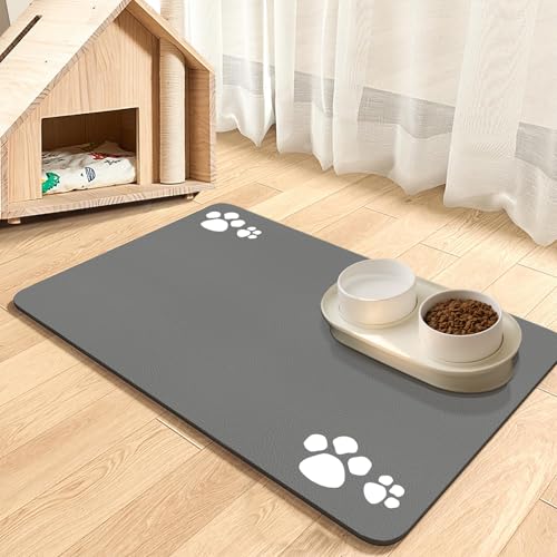 Pet Food Mat, Absorbent Dog Mat for Food and Water, Pet Placemats for Cat and Dog Water Bowl, Non-Slip Dog Food Mat, Dog Feeding Mat to Protect Your Floors (Light Grey-4 Paws, 30 x 50 cm)