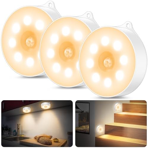 Nachtlicht mit Bewegungsmelder,3*AAA Batteriebetriebene lampen, Auto ON/OFF, Schrankbeleuchtung,Bewegungsmelder innen für Treppe, Schlafzimmer, Küche, Kinderzimmer. warmes Licht (W