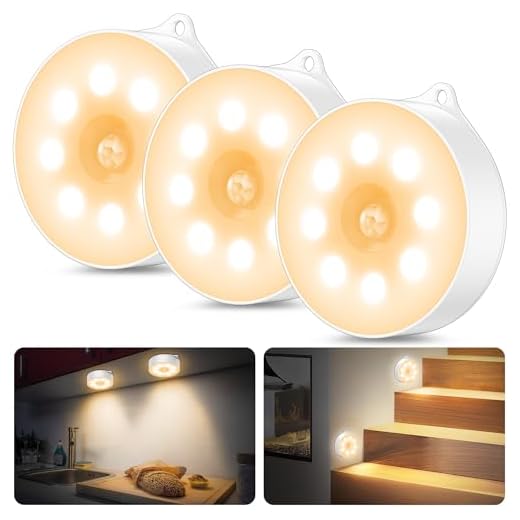 Lot de 3 veilleuses avec détecteur de mouvement, à piles AAA, marche/arrêt automatique, éclairage d'armoire, détecteur de mouvement intérieur, pour escalier, chambre à coucher, cuisine, chambre