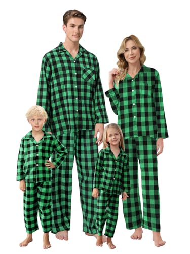 Schbbbta Pajamas for Mens, Flannel Black Green Family Plaid Pajamas Cotton 2-Piece Button Down Sleepwear Pjs Sets, Black Green, US L