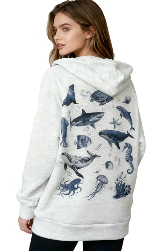 MYNINECO Y2K Hoodies Sweatshirts for Teen Girls Women Cute Grey Graphic Hoodie Ocean Animals Shark Whale Print Hoodies Preppy Teen Clothes ((Marine L)