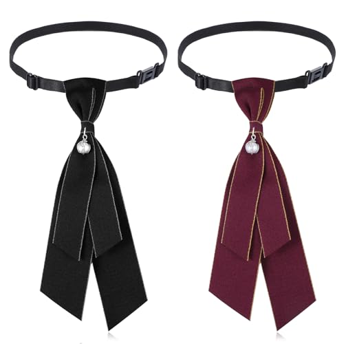 ElevateTech 2Pcs Womens Uniform Ties Adjustable Pre-Tied Elastic Band Girls Boys Buckle Ribbon Denim Pearl Scene Accessories Suitable School Shirts (Black Purple)