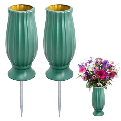 Lot de 2 vases funéraires en plastique avec piquet de terre - Pour cimetière - Résistant au gel - Avec pointes en métal - Pour la réception de bouquets de fleurs - Vert