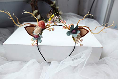 Vivivalue Deer Antler Hair Band Cat Ear Headband Deer Headband With Flowers Cat Ear Hair Band Flower Headband For Party Cosplay Costume #TOP2