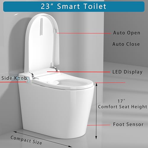 Inodoro inteligente compacto WinZo de 23 pulgadas con asiento bidé integrado para baños pequeños, descarga automática, luz nocturna LED, asiento bidé calefactado con secado por aire caliente (blanco con panel blanco) miniatura 3