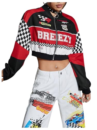 Verdusa Women's Plaid Colorblock Cropped Motorcycle Jacket Hip Hop Streetwear Zip Up Outerwear