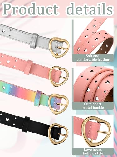 Newcotte 4 Pcs Girls Belt Size Aged 3-12 Kids PU Leather Waist Hollow Heart Design Kids Belts for Dress Pants Jean(Suit for Waist Size 18