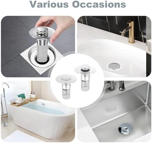 2 Pack Bathroom Sink Drain Stopper – Universal Stainless Steel Sink Drain Strainer, Multi-Purpose Sink Plug Filter & Drain Hair Catcher, Bathroom Sink Drain Stopper & Pop Up Sink Drain Filter - 3