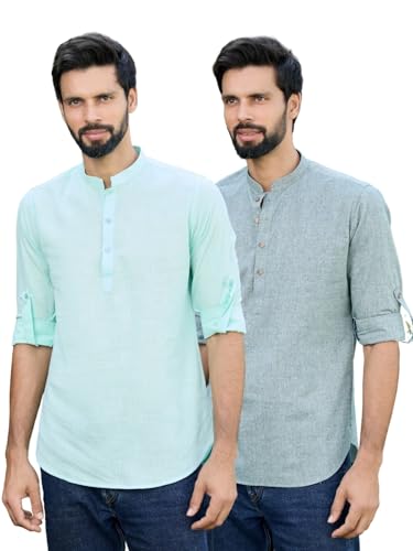 Image of See Designs Men's Roll-Up Sleeve Mandarin Collar Deluxe Cotton Solid Short Kurta (Pack of 2) - Festive Collection