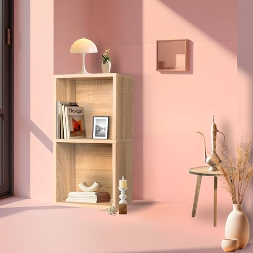Image of 2 Cube Storage Organizer Wooden Bookshelf, 2 Cube Shelf Bookcase, Small Bookshelf Storage Organizer, 2 Cube Storage Shelf for Bedroom, Small Bookshelf for Living Room and Office (Oak)