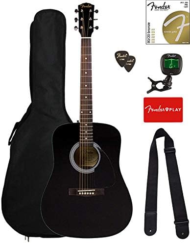 Fender FA-115 Dreadnought Acoustic Guitar - Black Bundle with Gig Bag, Tuner, Strings, Strap, and Picks