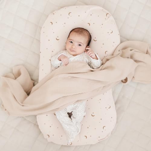 Image of Konssy 2 Pack Baby Lounger Cover, Stretchy Soft Infant Lounger Cover | For Baby Boys and Girls, Cover Set Only. Soft Breathable Fabric, Envelope Closure, Machine Washable, Coffee Check and Moon