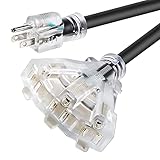 100 FT 12/3 Extension Cord Heavy Duty Black 3-Outlet Indoor/Outdoor SJTW Lighted 12-Gauge Grounded P