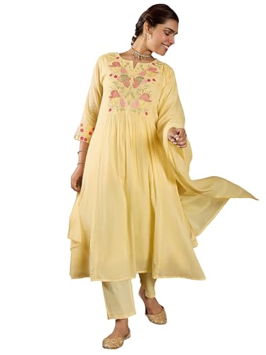 Image of INDO ERA Women's Pure Cotton Embroidered A-Line Kurta & Pant with Dupatta Set | Cotton kurta sets for women