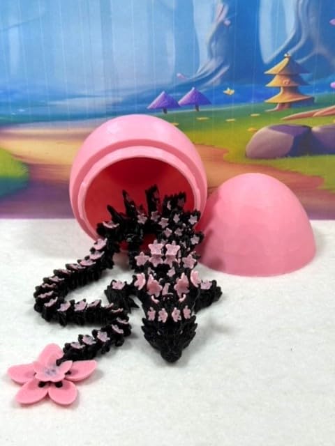 3D Printed Dragon, Black and Pink Cherry Blossom Dragon in Dragon Egg, 12" Articulated Adult Fidget ADHD Autism Toy, Home Office Decor Executive Desk Toy - D028-PE-CLS