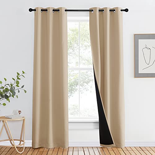 NICETOWN Living Room Completely Shaded Draperies, Privacy Protection & Noise Reducing Ring Top Drapes, Black Lined Insulated Window Treatment Curtain